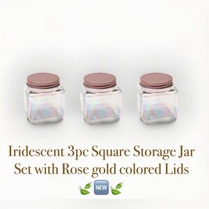 Iridescent Square Glass Jars a Set of 3 with Rose Gold Colored Lids 🍃🆕🍃